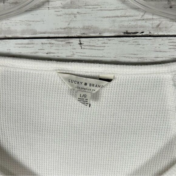 Lucky Boho Waffle Weave Raw Hem Oversized White V- Neck T-shirt Top L - Picture 3 of 6